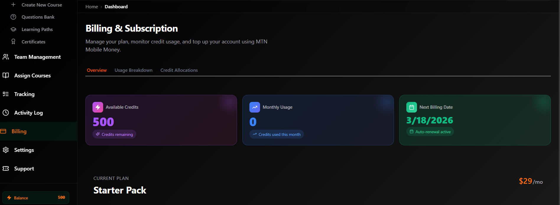 Subscription Tab